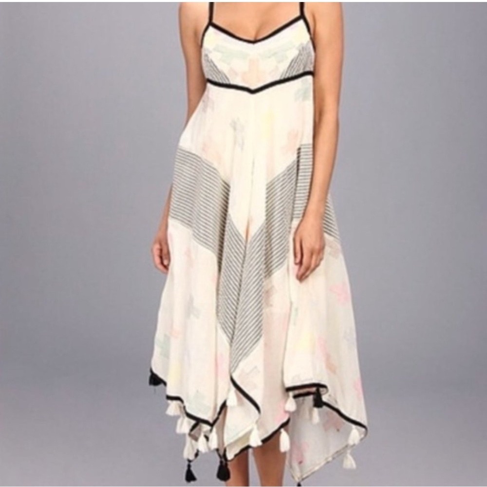 Free People Crossing Paths Embroidered Handkerchief Hem Tassel Dress